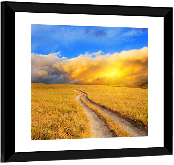 Sunlit Meadow Path with Dramatic Clouds Wall Art as a framed print