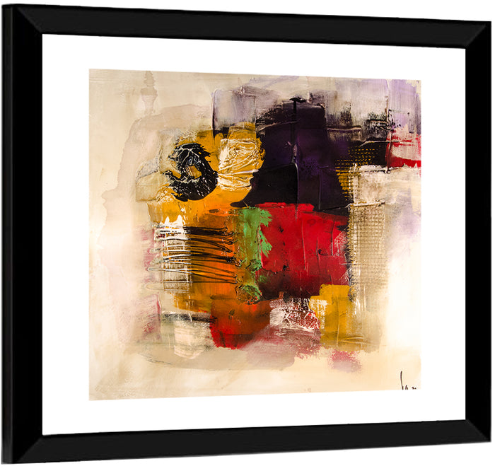 Bold Color Block Abstract with Black Circle Wall Art as a framed print