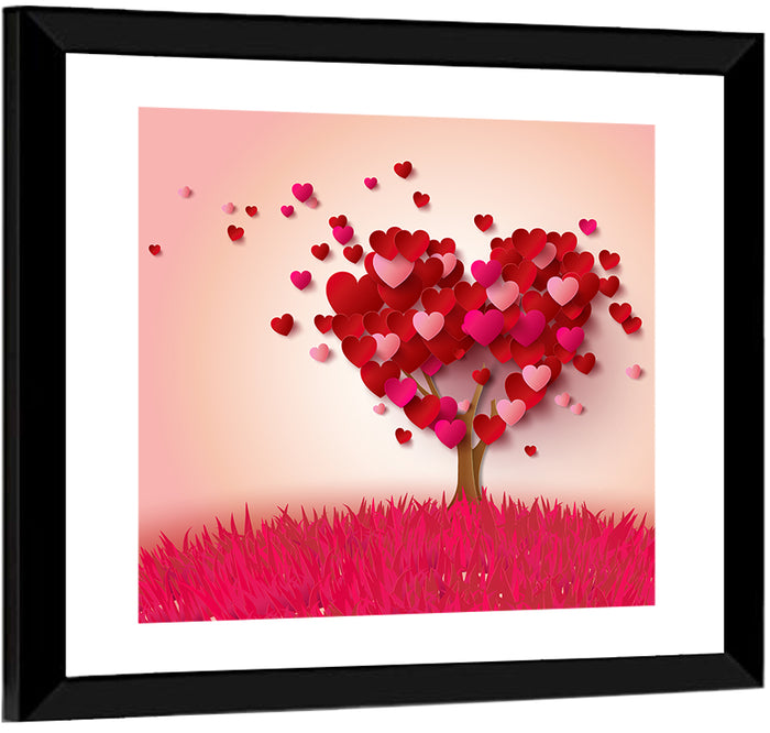 Whimsical Heart Tree Illustration Wall Art as a framed print