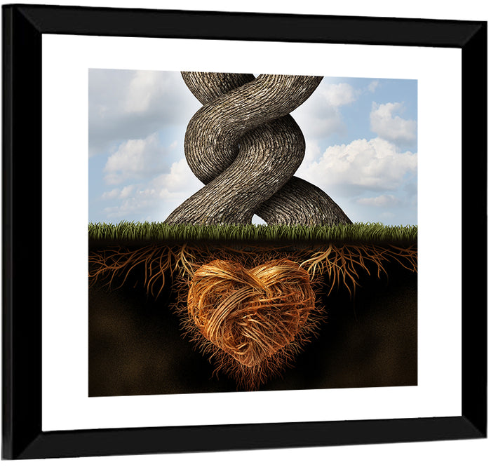 Intertwined Trees with Heart-shaped Roots Wall Art as a framed print