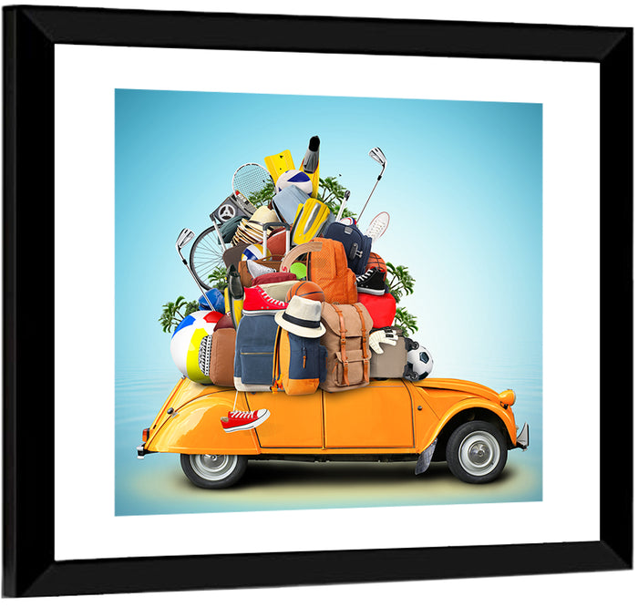 Orange Vintage Car Road Trip Getaway Wall Art as a framed print