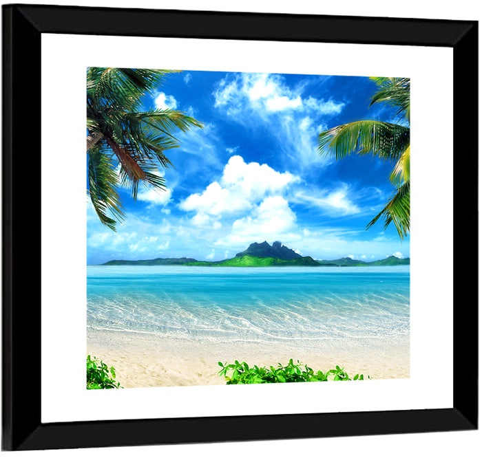 Palm-framed Tropical Island Beach Wall Art as a framed print