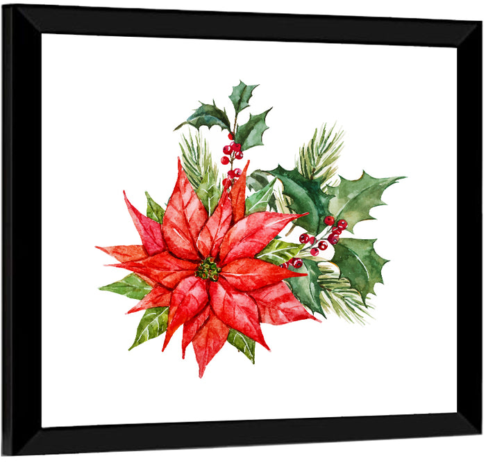 Christmas Poinsettia Watercolor Wall Art as a framed print