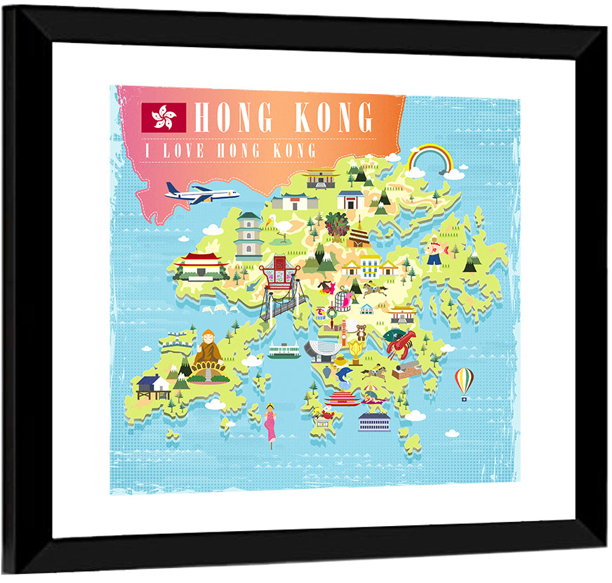 I Love Hong Kong Illustrated Cultural Map Wall Art