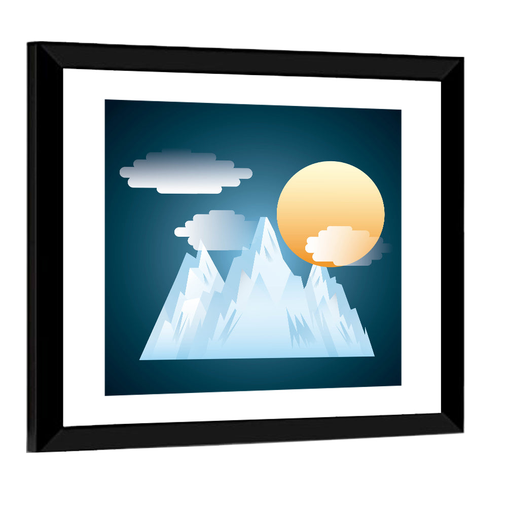 Geometric Snowy Mountain with Golden Sun Wall Art