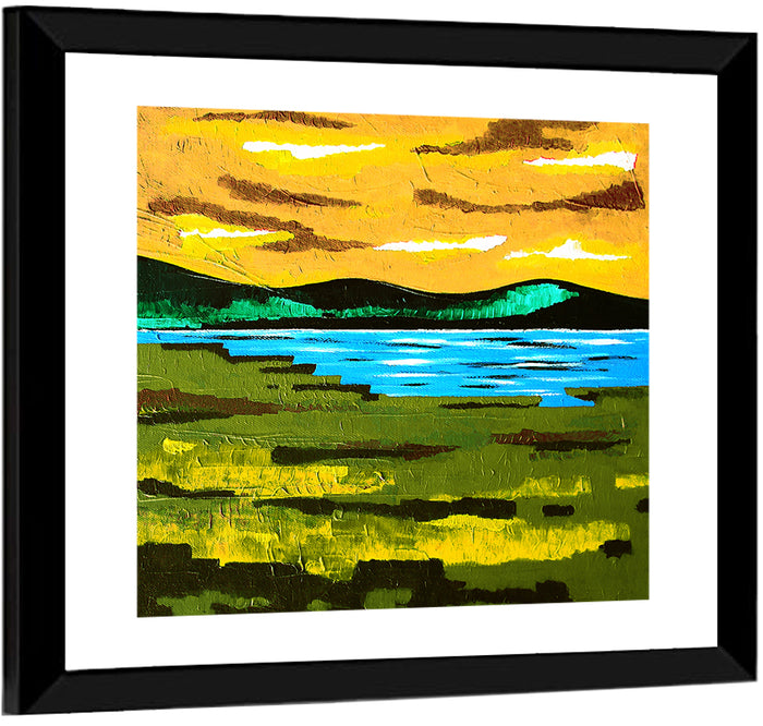 Golden Hour Mountain Lake Abstract Wall Art as a framed print
