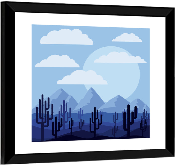 Blue Desert Cactus Illustration Wall Art as a framed print