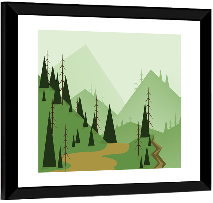 Green Foggy Hills Illustration Wall Art as a framed print