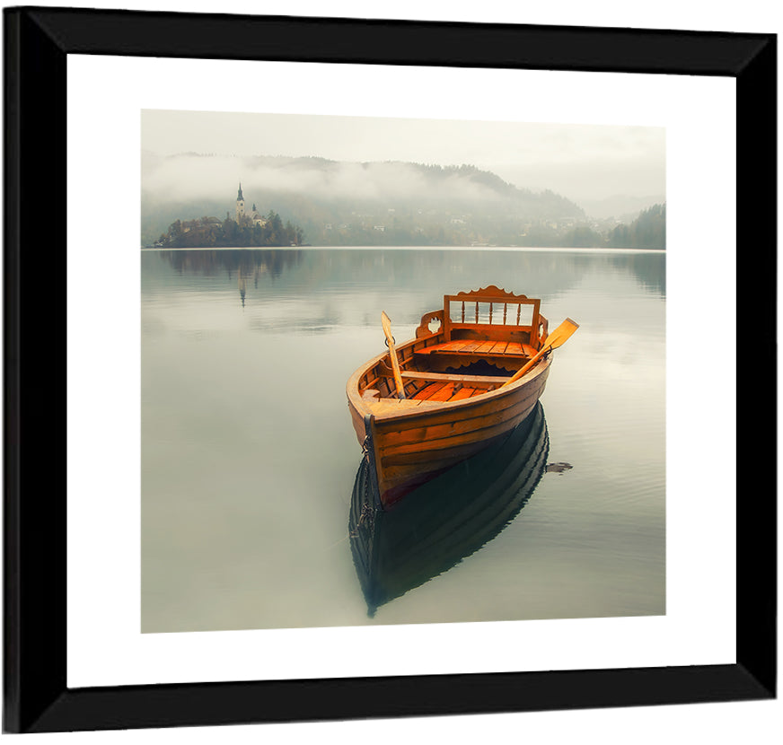 Wooden Boat on Misty Lake Bled Wall Art