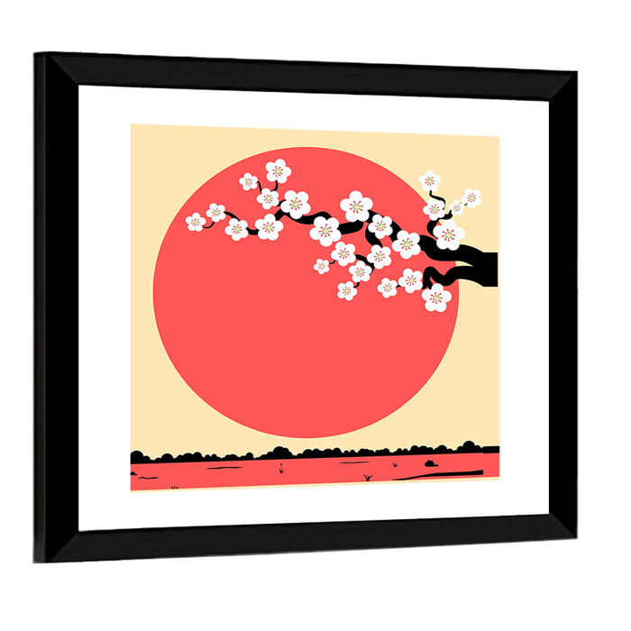Cherry Blossom with Red Sun Wall Art as a framed print
