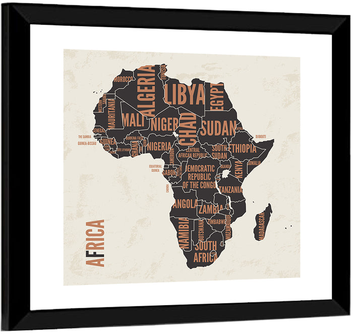 Typographic Africa Map with Country Names Wall Art as a framed print
