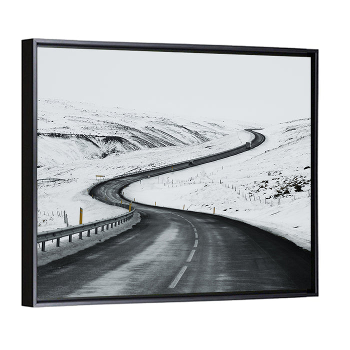 Winding Snow Road with Yellow Markers Wall Art as a framed canvas