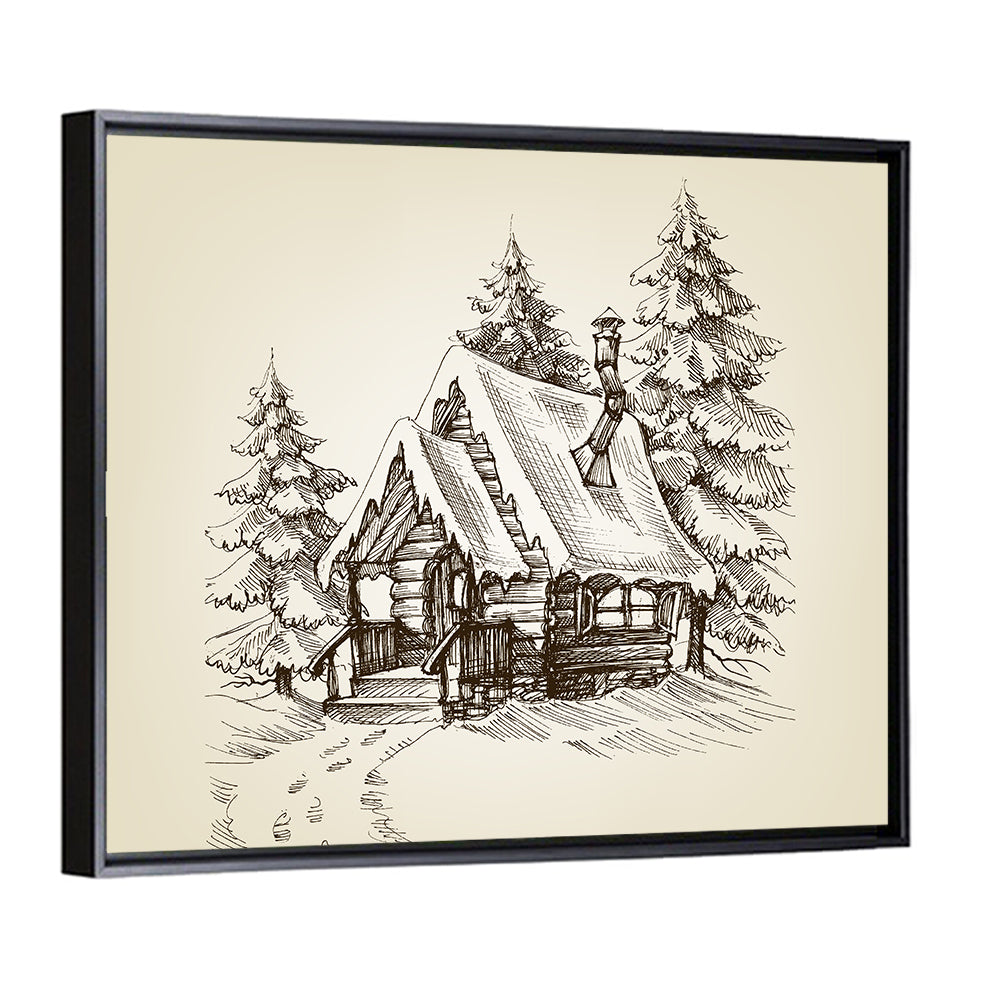Snowy Log Cabin Illustration Wall Art