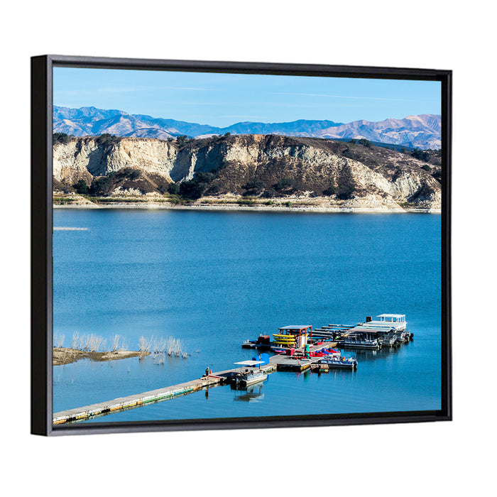 Lake Cachuma Dock and Mountains Wall Art as a framed canvas