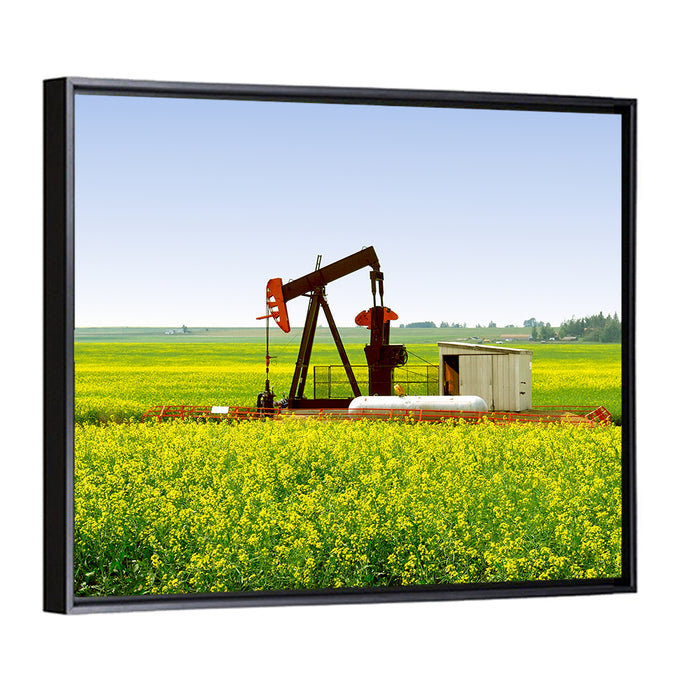 Rusty Pumpjack in Yellow Canola Field Wall Art as a framed canvas