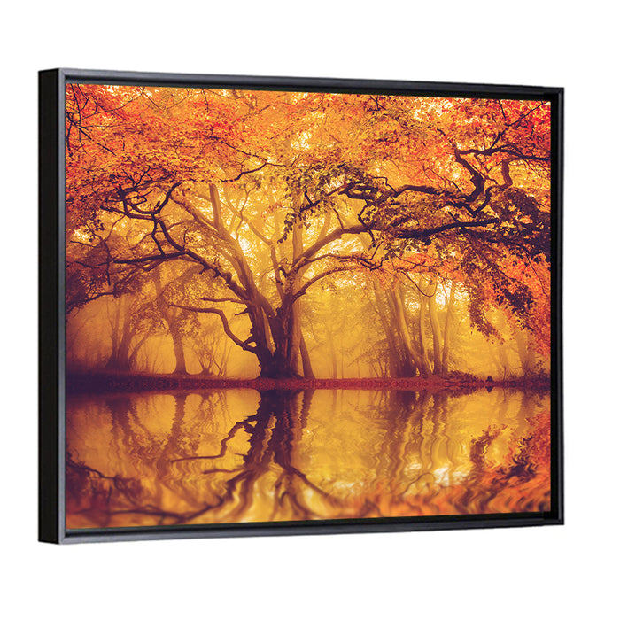 Golden Mist Forest Reflection Wall Art as a framed canvas