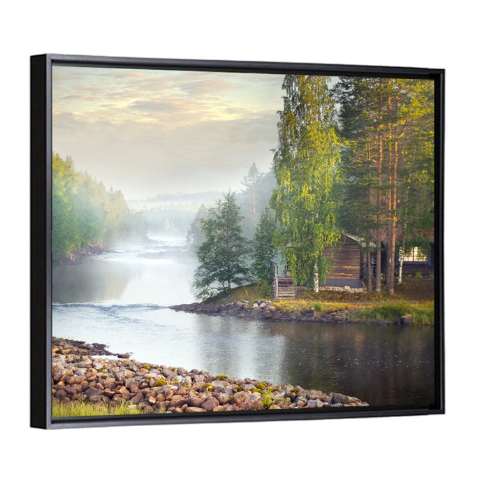 Misty River with Red Roof Cabin Wall Art as a framed canvas