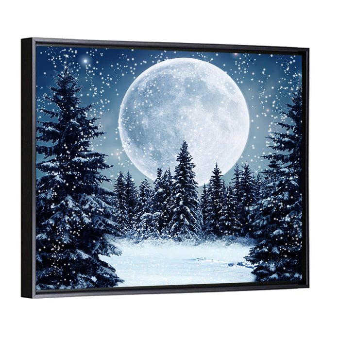 Full Moon Over Snowy Pines Wall Art as a framed canvas