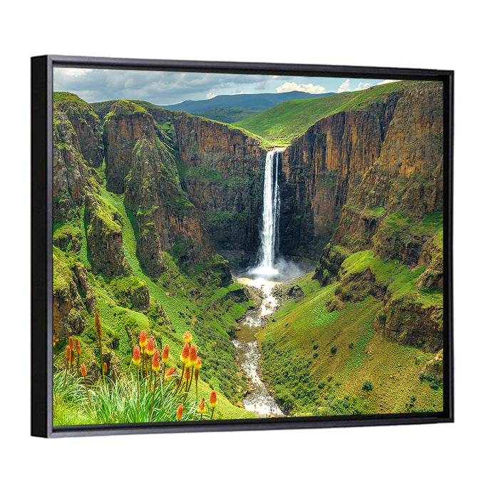 Maletsunyane Falls with Torch Lilies Wall Art as a framed canvas