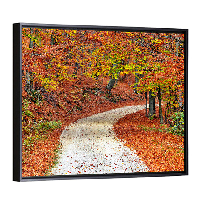 Misty Gravel Path Through Autumn Trees Wall Art as a framed canvas