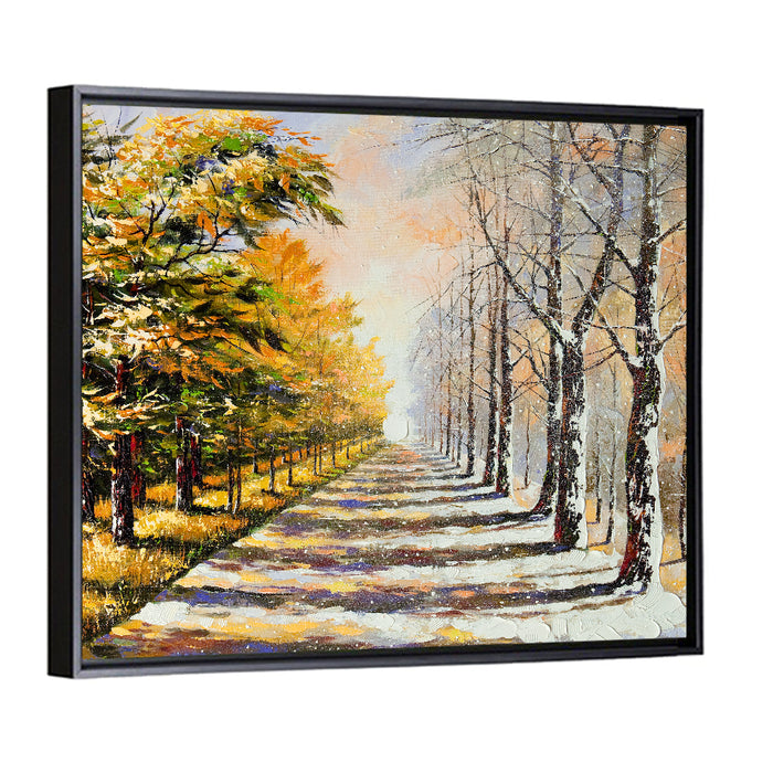 Autumn to Winter Forest Path Wall Art as a framed canvas