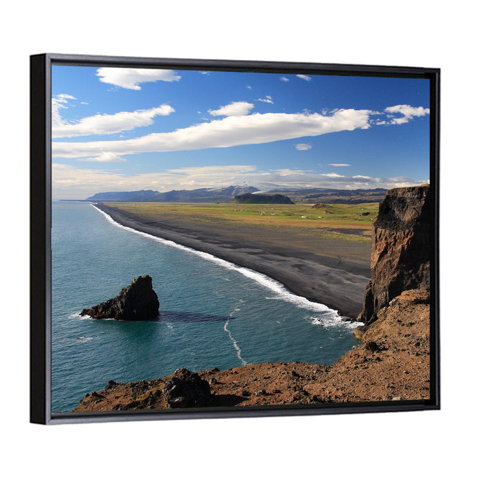 Dyrhólaey Black Sand Beach and Sea Stack Wall Art as a framed canvas
