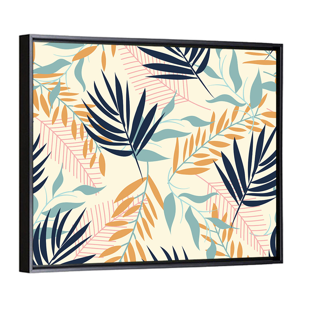 Cream and Navy Summer Leaves Pattern Wall Art