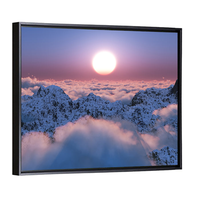 Sunset Above Snowy Mountains Wall Art as a framed canvas