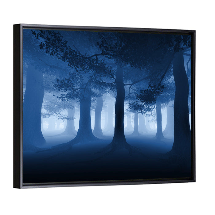 Midnight Blue Forest Wall Art as a framed canvas