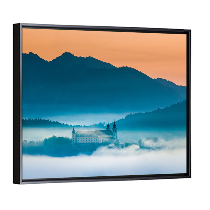Benediktbeuern Abbey in Morning Fog Wall Art as a framed canvas