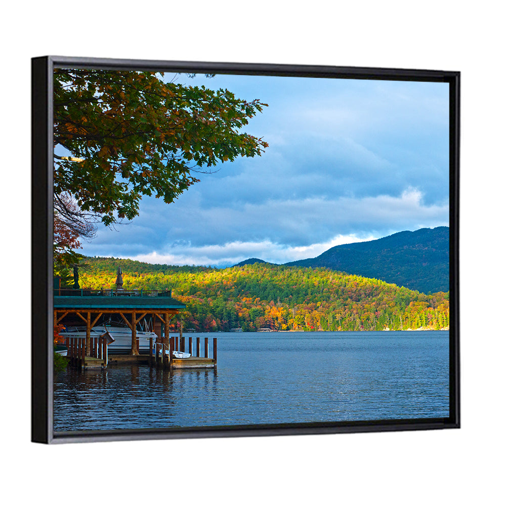 Lake George Boathouse in Autumn Wall Art