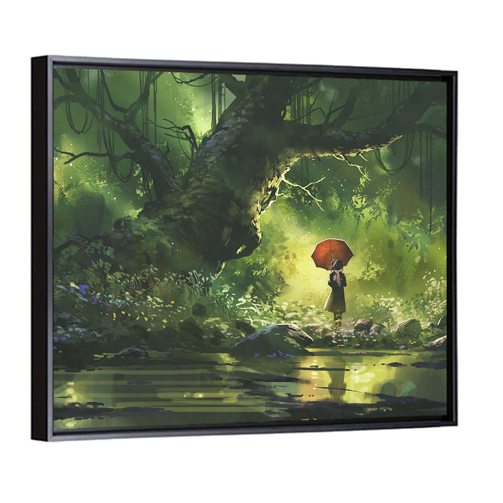Girl with Umbrella in Mysterious Forest Wall Art