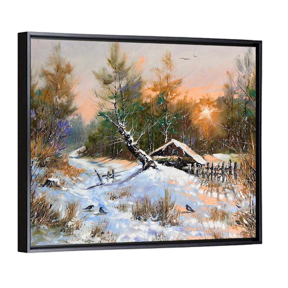 Winter Forest Path with Cabin Wall Art
