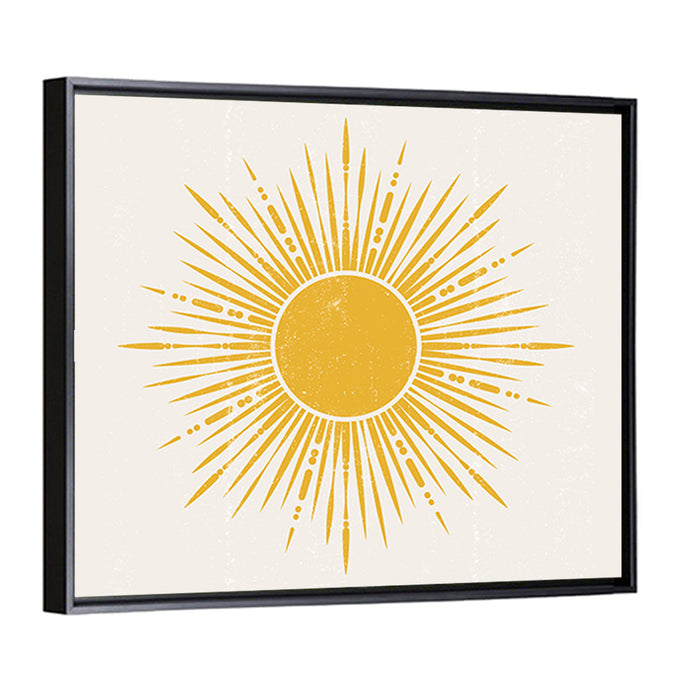 Golden Sunburst Boho Minimalist Wall Art as a framed canvas