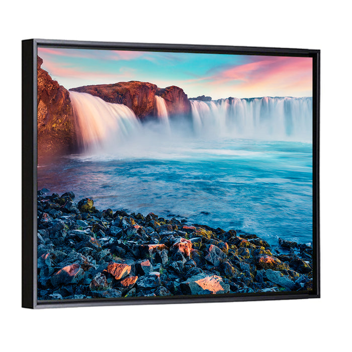 Goðafoss Waterfall at Sunset Wall Art as a framed canvas