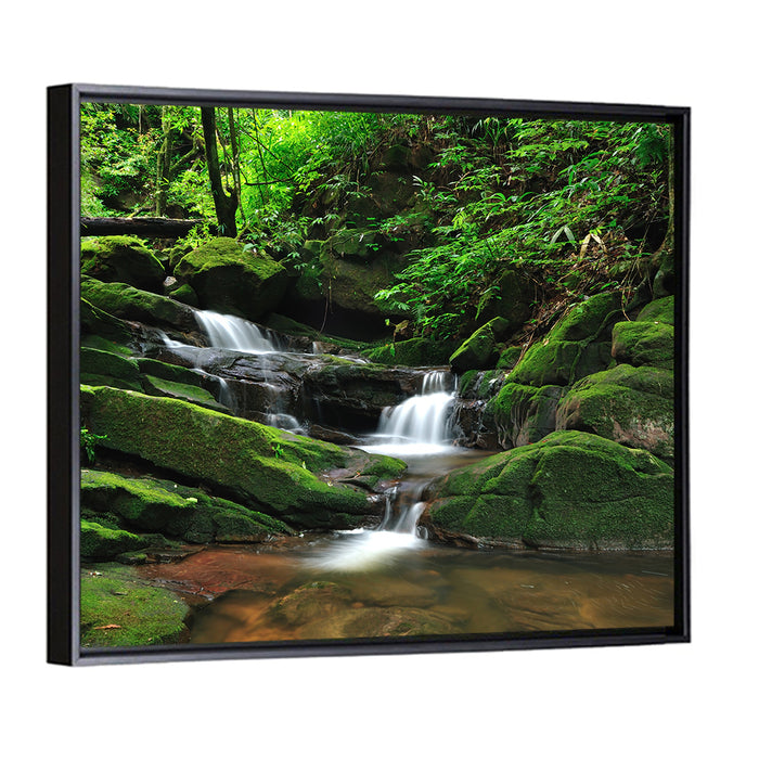 Mossy Rainforest Stream Wall Art as a framed canvas