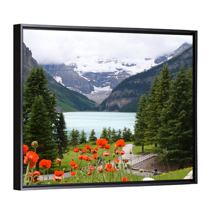 Lake Louise Poppies Wall Art as a framed canvas