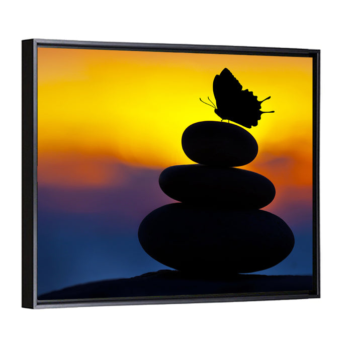 Stacked Spa Stones with Butterfly Wall Art as a framed canvas