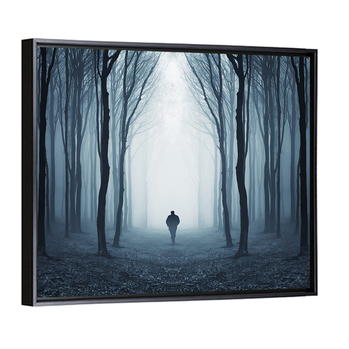 Lone Figure in Misty Forest Wall Art as a framed canvas