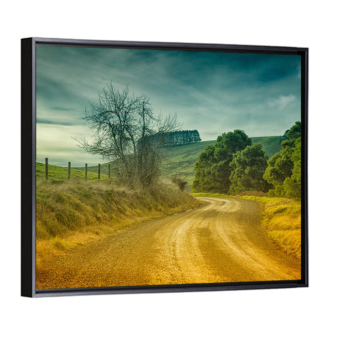 Golden Country Road Wall Art as a framed canvas