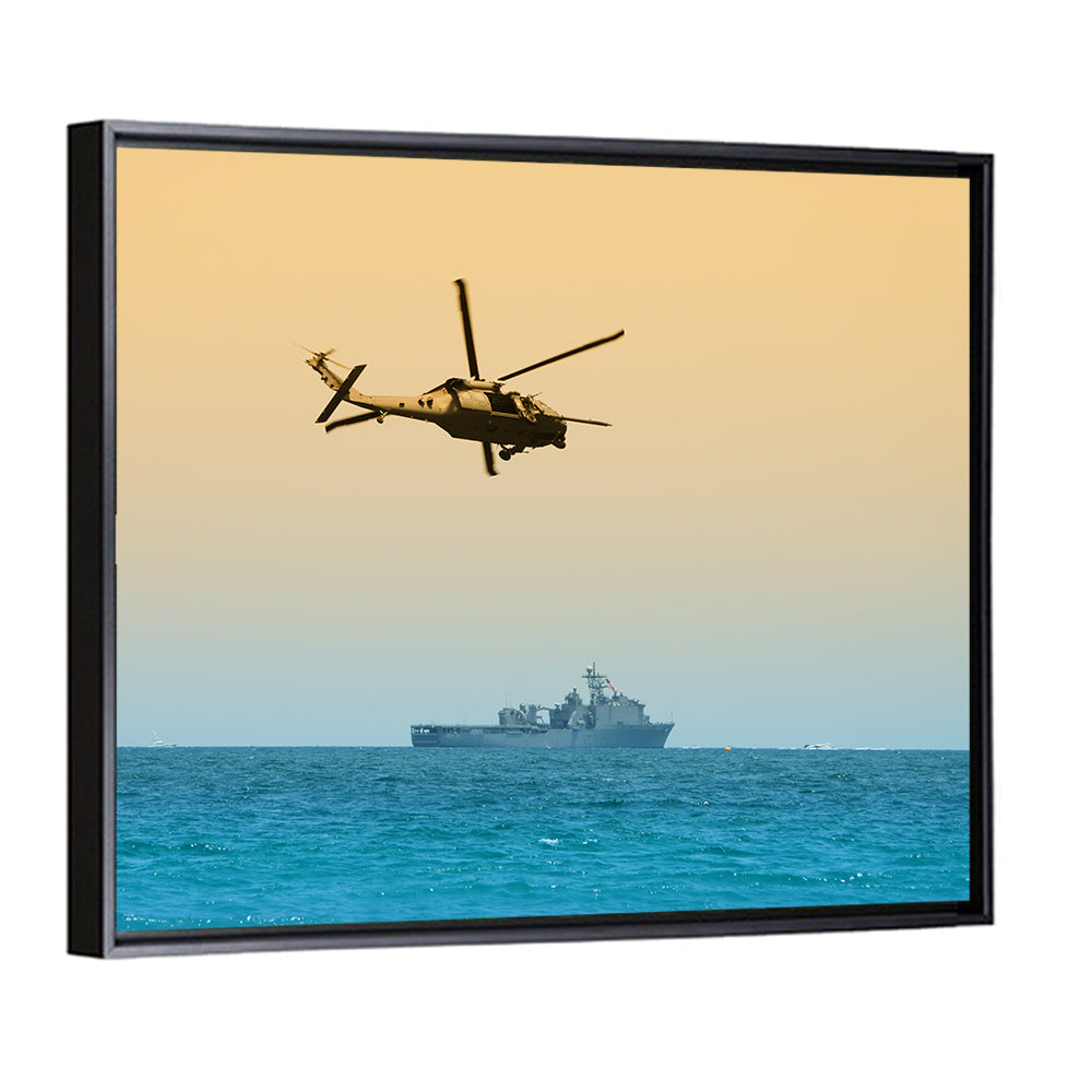 Helicopter Over Warship at Sea Wall Art