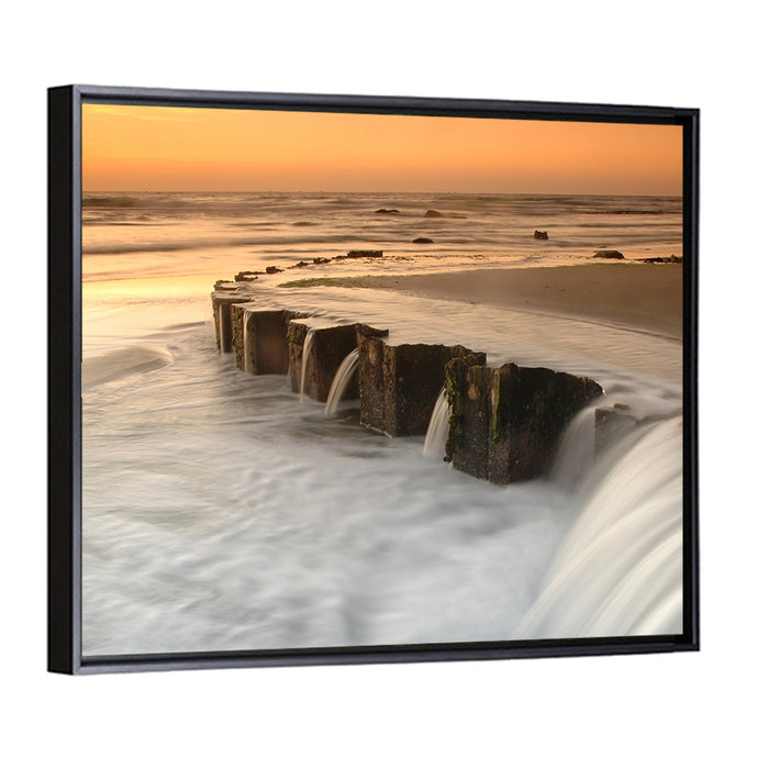 Breakwater at Golden Hour Wall Art as a framed canvas