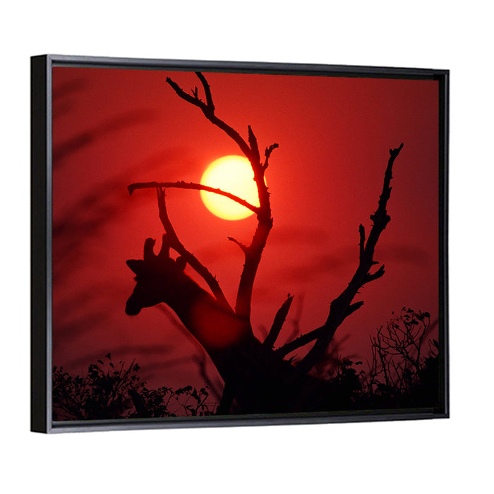 Giraffe Silhouette at Sunset Wall Art as a framed canvas