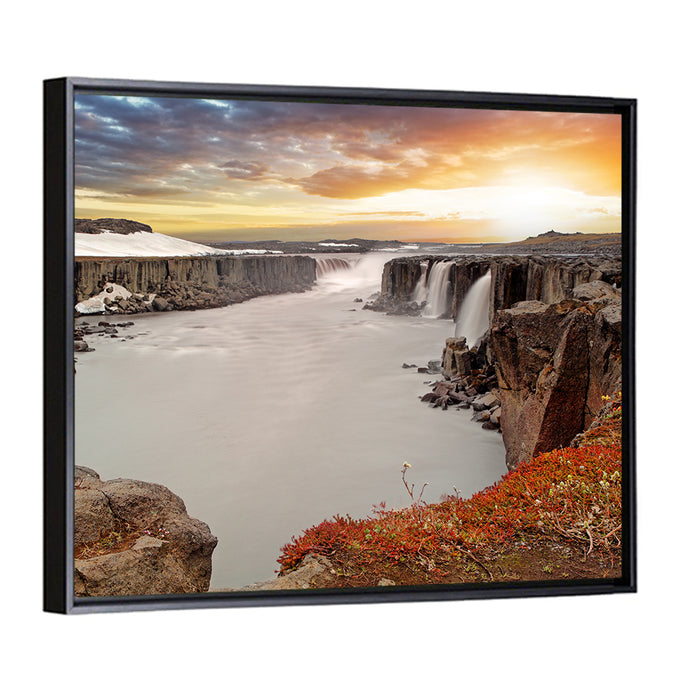 Selfoss Waterfall at Sunset Wall Art as a framed canvas