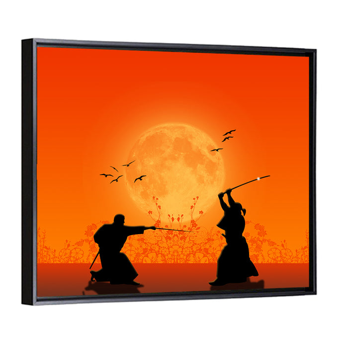 Moonlit Samurai Duel Wall Art as a framed canvas