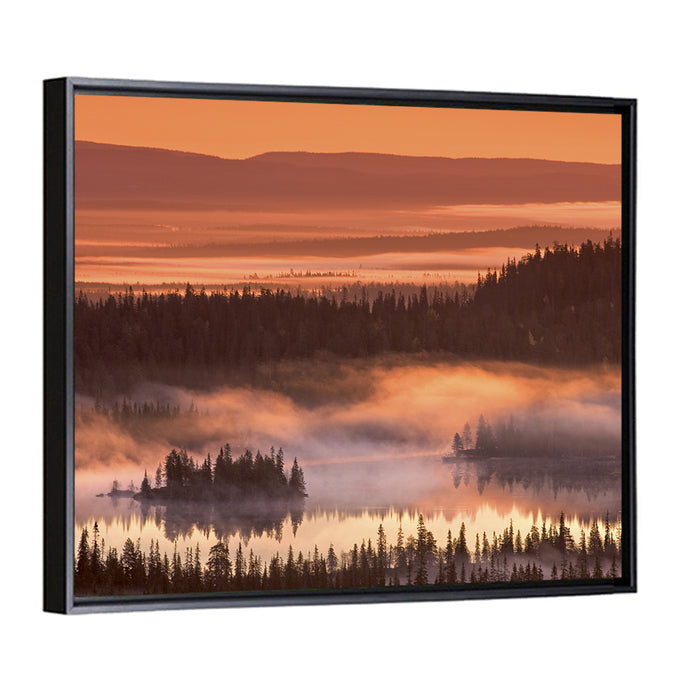 Lapland Sunrise Over Misty Lake Wall Art as a framed canvas