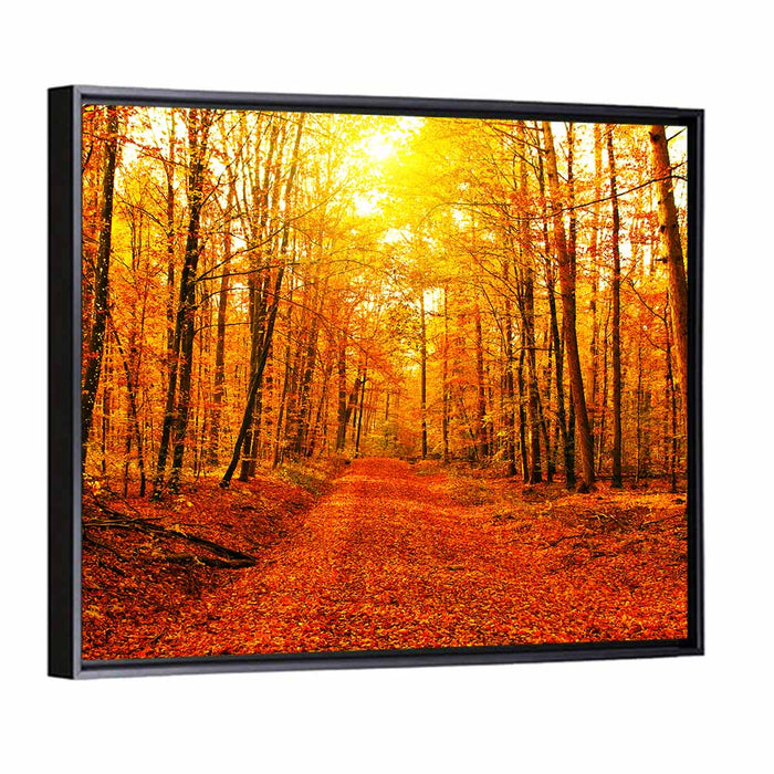 Golden Autumn Forest Path Wall Art as a framed canvas