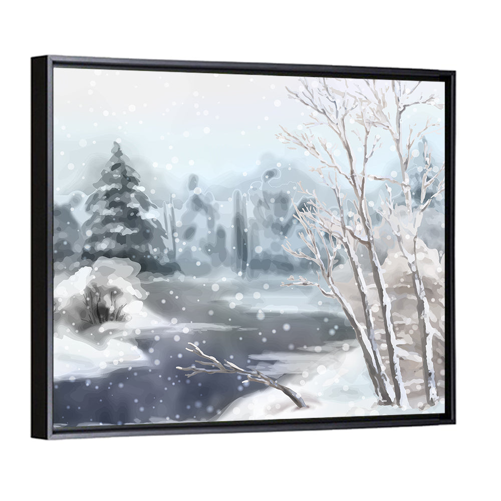 Snowy Stream in Winter Forest Wall Art