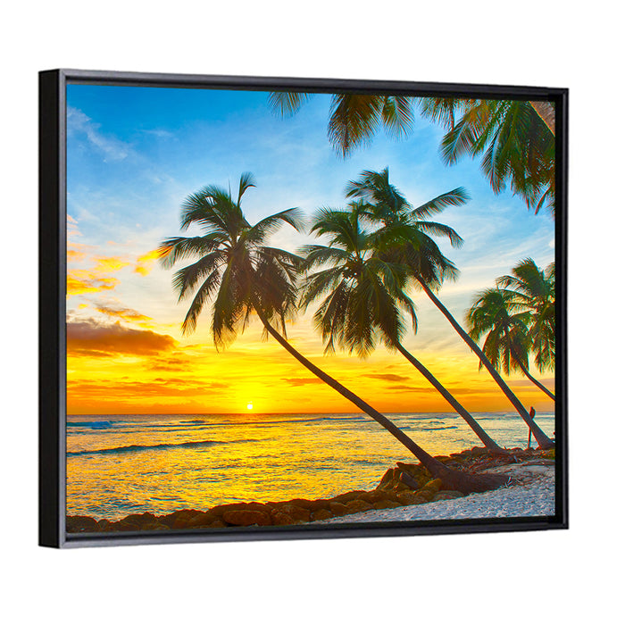 Palm Island Sunset Wall Art as a framed canvas