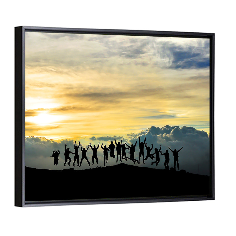 Golden Team Silhouettes at Sunset Wall Art in a room, square